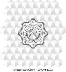 sickle and hammer icon inside grey emblem with cube white background. 