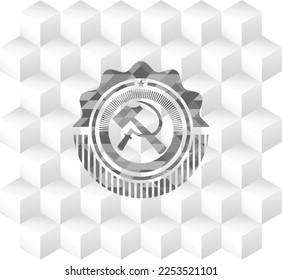 sickle and hammer icon inside grey emblem. Vintage with geometric cube white background. 