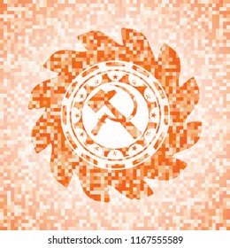 sickle and hammer icon inside orange mosaic emblem with background