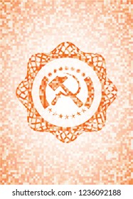 sickle and hammer icon inside orange tile background illustration. Square geometric mosaic seamless pattern with emblem inside.