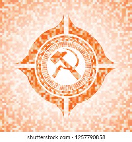 sickle and hammer icon inside orange tile background illustration. Square geometric mosaic seamless pattern with emblem inside.