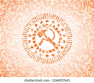 sickle and hammer icon inside orange mosaic emblem with background