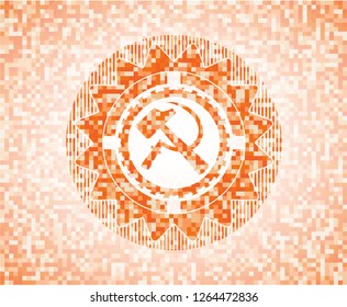 sickle and hammer icon inside orange tile background illustration. Square geometric mosaic seamless pattern with emblem inside.