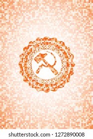 sickle and hammer icon inside orange mosaic emblem