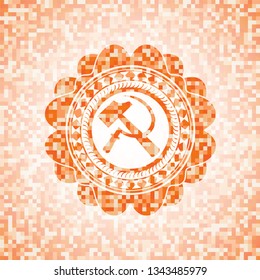sickle and hammer icon inside orange tile background illustration. Square geometric mosaic seamless pattern with emblem inside.