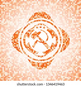 sickle and hammer icon inside orange mosaic emblem