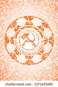 sickle and hammer icon inside orange tile background illustration. Square geometric mosaic seamless pattern with emblem inside.