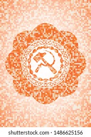 sickle and hammer icon inside orange tile background illustration. Square geometric mosaic seamless pattern with emblem inside.