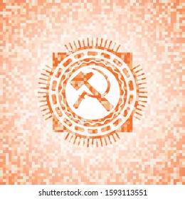 sickle and hammer icon inside orange mosaic emblem with background