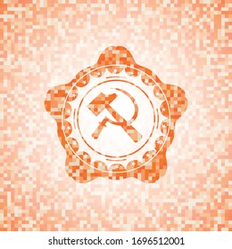 sickle and hammer icon inside orange tile background illustration. Square geometric mosaic seamless pattern with emblem inside.
