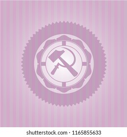 sickle and hammer icon inside pink emblem. Retro