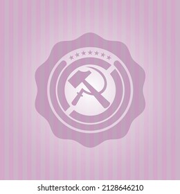 sickle and hammer icon inside pink emblem. Vintage. Flat design. 