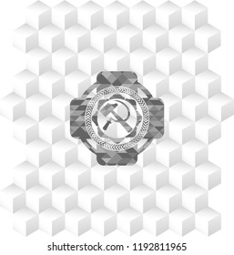 sickle and hammer icon inside realistic grey emblem with geometric cube white background