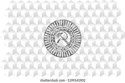  sickle and hammer icon inside realistic grey emblem with cube white background