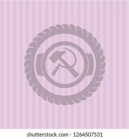 sickle and hammer icon inside realistic pink emblem