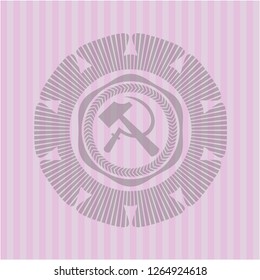 sickle and hammer icon inside realistic pink emblem