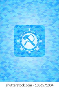 sickle and hammer icon inside realistic sky blue emblem. Mosaic background