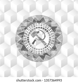 sickle and hammer icon inside realistic grey emblem with geometric cube white background
