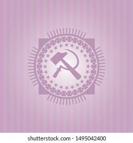 sickle and hammer icon inside realistic pink emblem