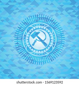 sickle and hammer icon inside realistic sky blue mosaic emblem