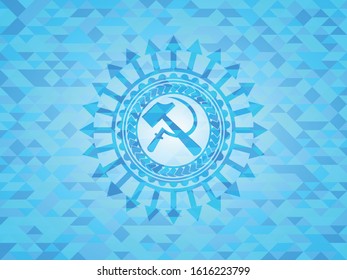 sickle and hammer icon inside realistic sky blue mosaic emblem