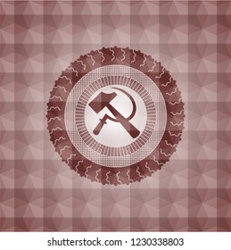 sickle and hammer icon inside red emblem or badge with abstract geometric polygonal pattern background. Seamless.