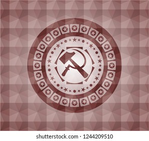 sickle and hammer icon inside red seamless emblem or badge with abstract geometric polygonal pattern background.