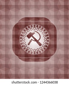 sickle and hammer icon inside red emblem with geometric background. Seamless.