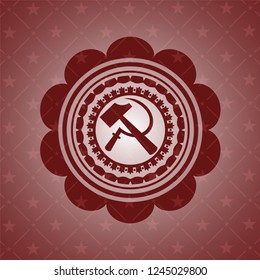 sickle and hammer icon inside red emblem. Vintage.