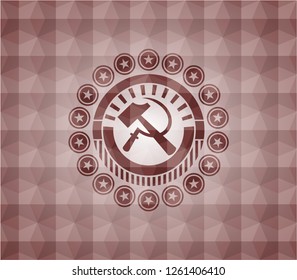 sickle and hammer icon inside red seamless geometric pattern emblem. Seamless.
