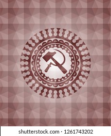 sickle and hammer icon inside red emblem or badge with geometric pattern background. Seamless.