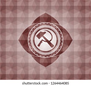 sickle and hammer icon inside red emblem or badge with geometric pattern background. Seamless.
