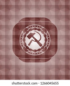 sickle and hammer icon inside red emblem with geometric background. Seamless.