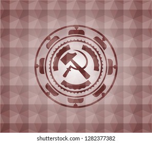 sickle and hammer icon inside red geometric pattern emblem. Seamless.