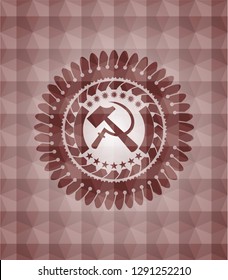sickle and hammer icon inside red geometric badge. Seamless.