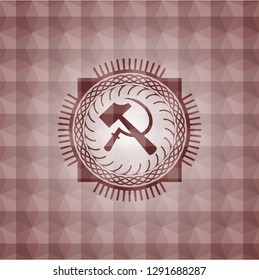 sickle and hammer icon inside red emblem with geometric pattern background. Seamless.