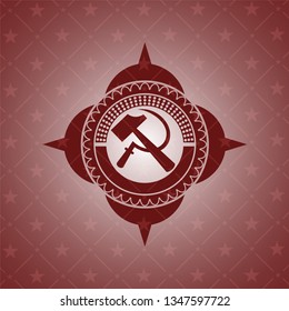 sickle and hammer icon inside red icon or emblem