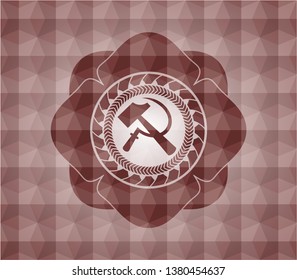 sickle and hammer icon inside red seamless badge with geometric pattern background.