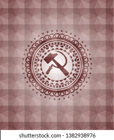 sickle and hammer icon inside red emblem with geometric pattern. Seamless.