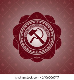 sickle and hammer icon inside red emblem. Vintage.