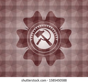 sickle and hammer icon inside red seamless emblem with geometric pattern background.