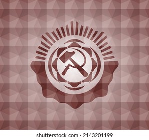 sickle and hammer icon inside red seamless geometric badge. 