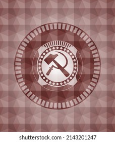 sickle and hammer icon inside red seamless emblem or badge with geometric pattern background. 