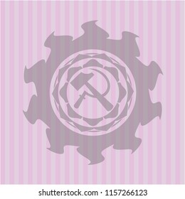 sickle and hammer icon inside retro pink emblem