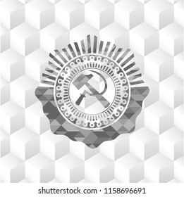 sickle and hammer icon inside retro style grey emblem with geometric cube white background