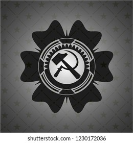 sickle and hammer icon inside retro style black emblem