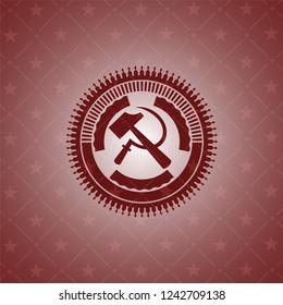 sickle and hammer icon inside retro style red emblem