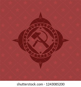 sickle and hammer icon inside retro style red emblem