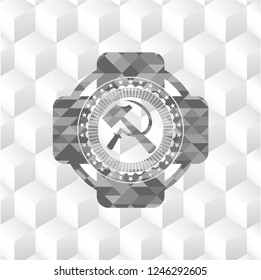 sickle and hammer icon inside retro style grey emblem with geometric cube white background