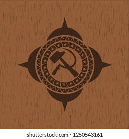sickle and hammer icon inside retro style wood emblem